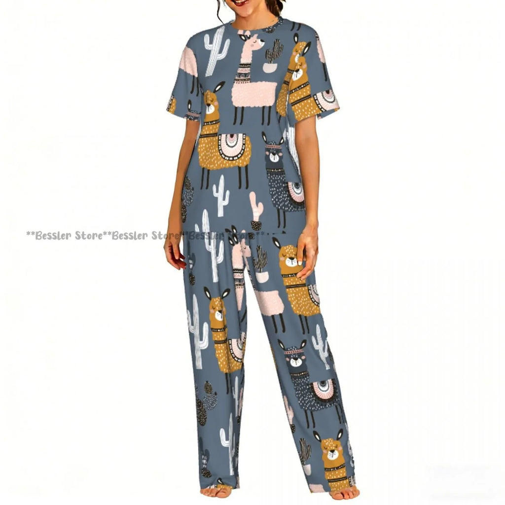 Women Pajama Sets Lounge Sleepwear Fun Llamas Cacti Mountains Garlands Short Sleeve Nightwear