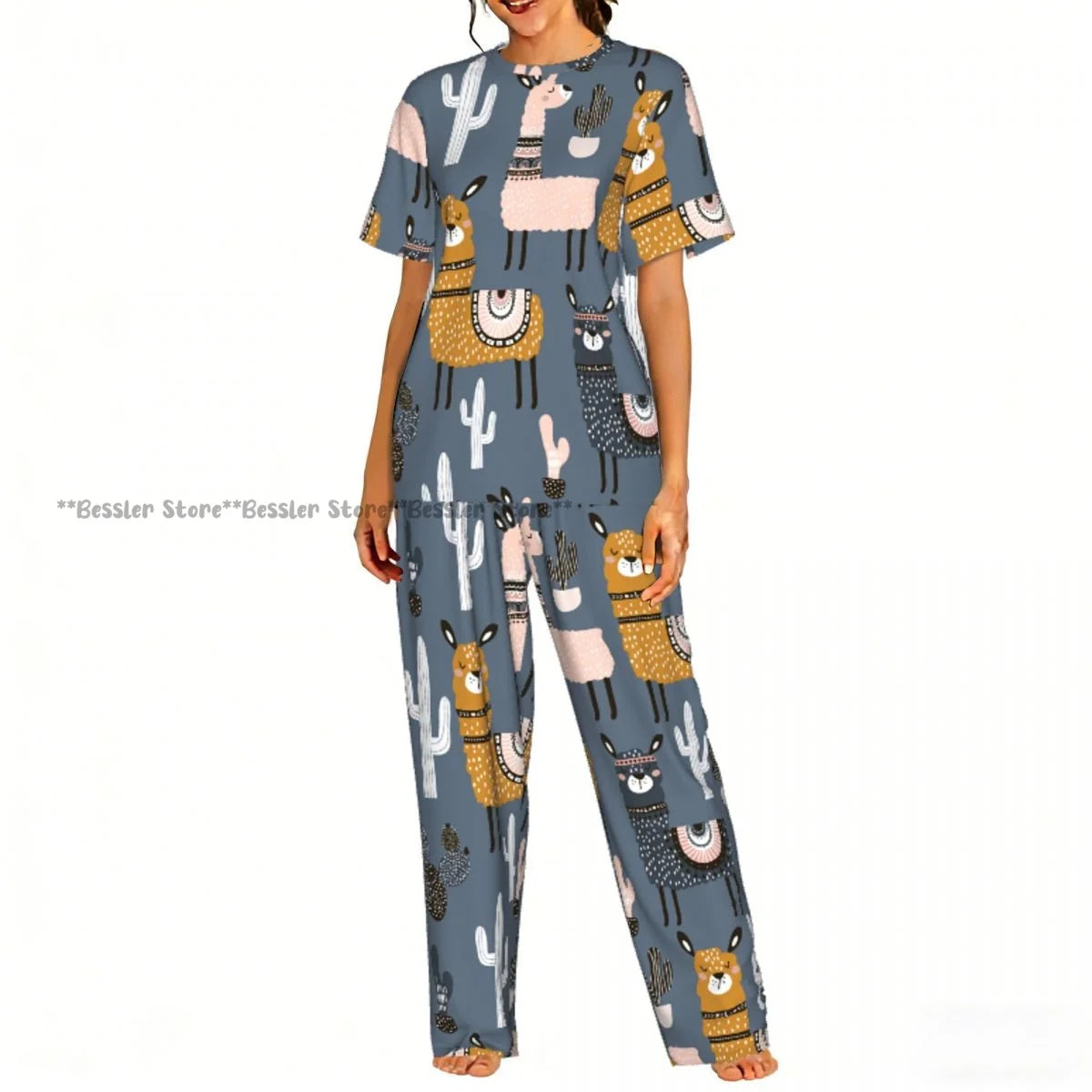 Women Pajama Sets Lounge Sleepwear Fun Llamas Cacti Mountains Garlands Short Sleeve Nightwear