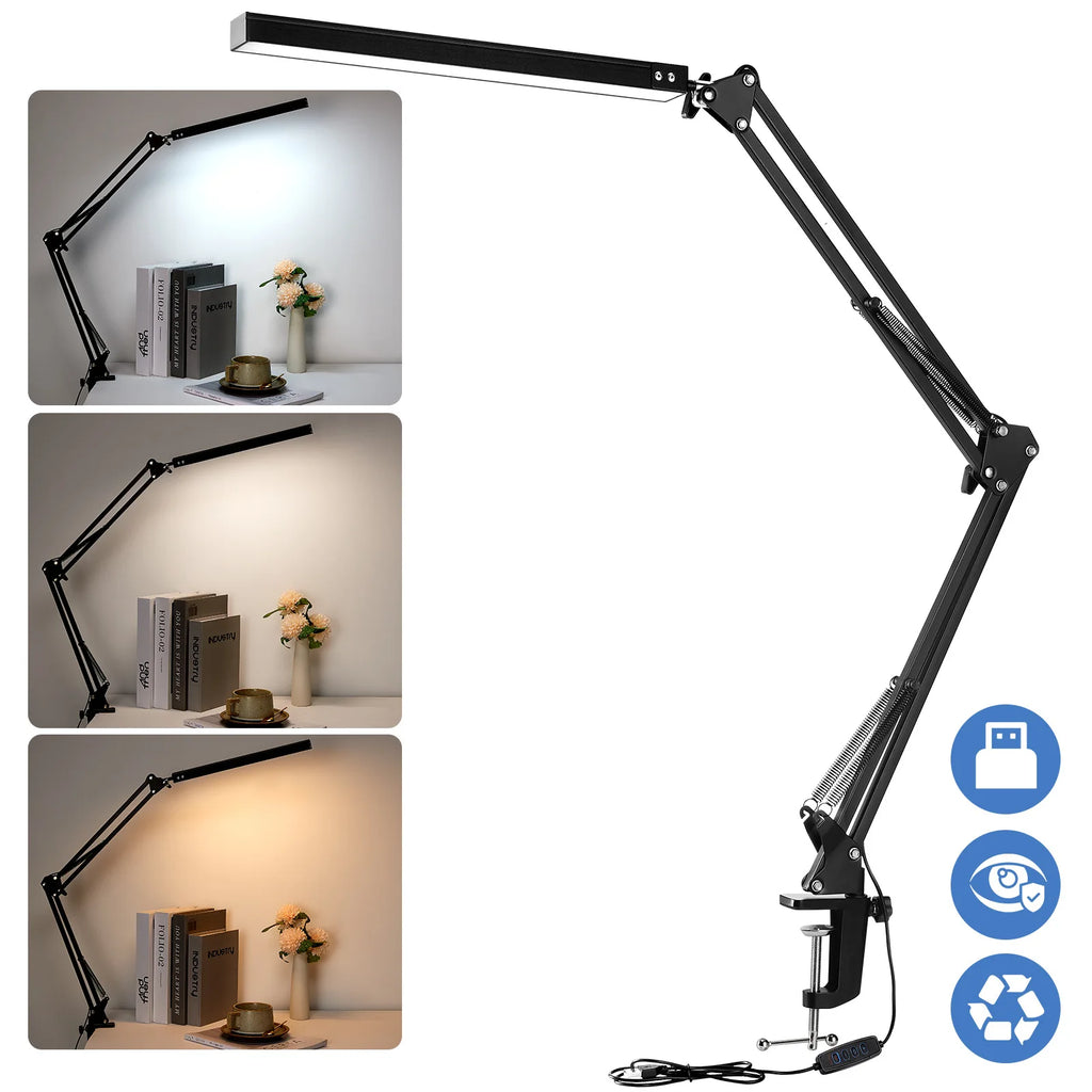 LED Desk Lamp For Home,Reading,Study,Adjustable Eye-Caring Desk Light with Clamp, 3 Color Modes,10 Brightness Table Light Office