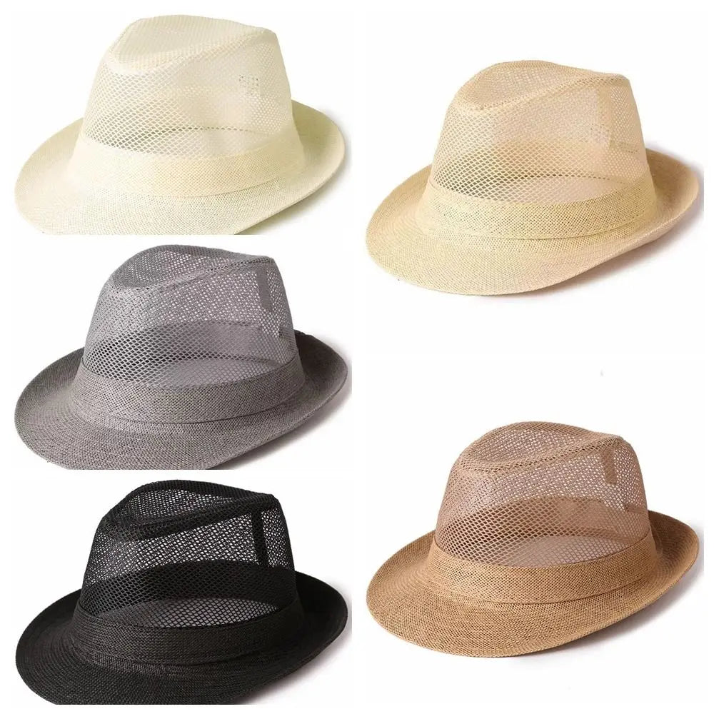Breathable Mesh Top Hat Lightweight Rolled Brim Hollow Sun Hat Solid Color Sun Protection Beach Jazz Cap Outdoor Activities