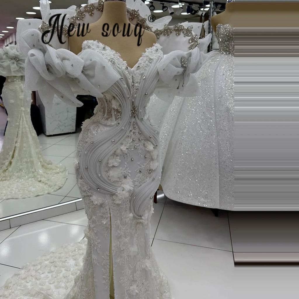 Gorgeous White Wedding Dresses Luxury Flowers African Mermaid Bridal Gown Off The Shoulder Lace Beading Vestido Novia Customized