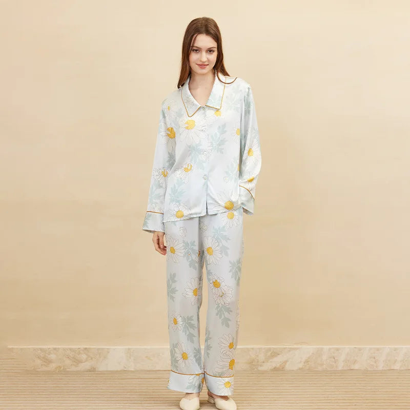Fashion Daisy Print Pajamas Women Long Sleeve Elegant 100% Mulberry Silk Loungewear High End Home Suit Ladies Sleepwear