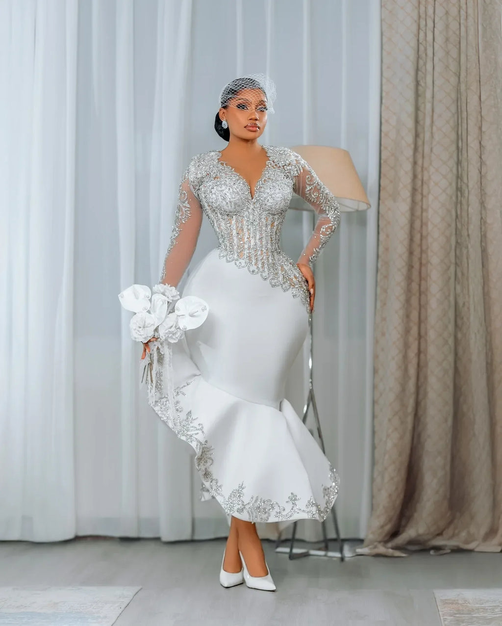 Customized African Long Sleeve Bride Dress Lace Beaded Mermaid Wedding Dress Black Women's Birthday Party Dress Size Up
