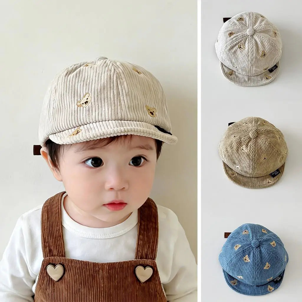 Spring Cotton Corduroy Bear Print Hat Cartoon Cute Baby Baseball Hat Solid Color Duck Tongue Cap Boys Girls Toddler Kids Hat