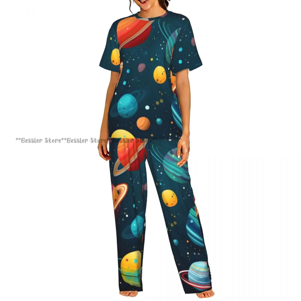 Women's Whales And Constellation Stars Watercolor short sleeve trousers casual pajamas set