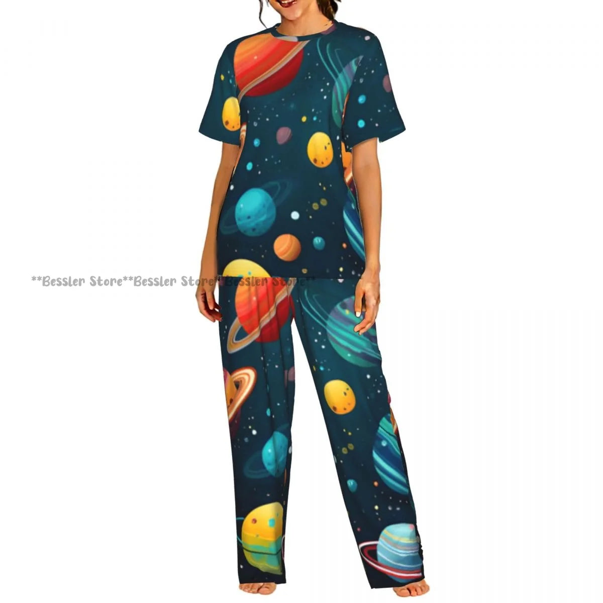 Women's Whales And Constellation Stars Watercolor short sleeve trousers casual pajamas set