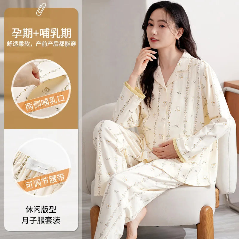 Maternity Women Pajamas Set Pregnant Pure Cotton Breastfeeding Loungewear Sweet Long Sleeve Trousers Cardigan 2 Piece Set Pjs