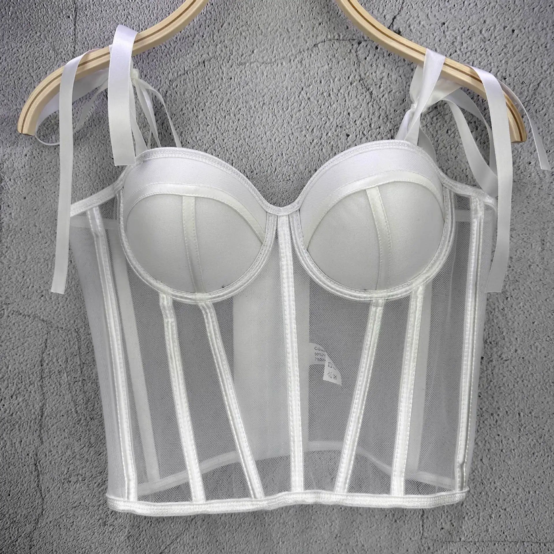 Mesh Transparent Contrasting Lines Women Bustie Sexy Bow Ribbon Ladies Corset Multi Colors Party Blackless Cropped Top Tank Top