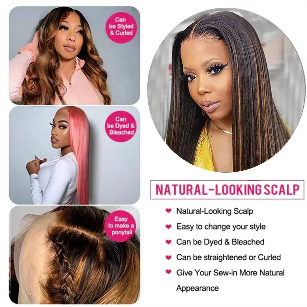 FB30 Bone Straight Human Hair 13x4 HD Transparent Lace Front Wig Brazilian Human Hair Pre Plucked Bleached Knots Glueless Wig For Black Women No Shed No Tangle 30 40 Inch