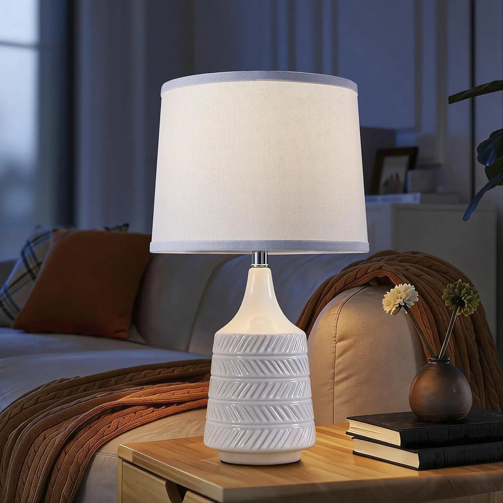 Set of 2 White Ceramic Table Lamps, 18.5" Modern Bedside Lamps for Night Stands, Farmhouse Decor with LED Bulbs