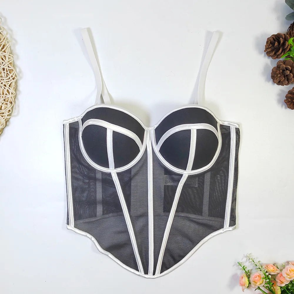 Mesh Transparent Contrasting Lines Women Bustie Sexy Bow Ribbon Ladies Corset Multi Colors Party Blackless Cropped Top Tank Top