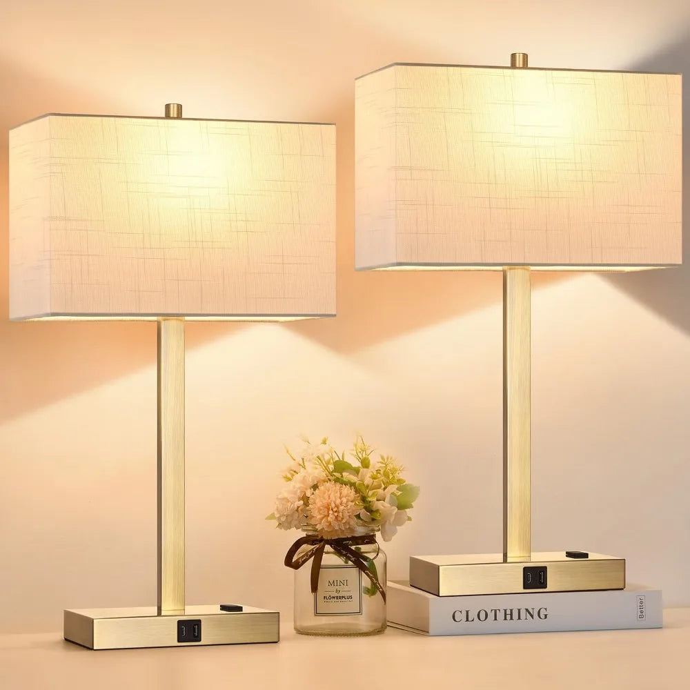 21" Touch Bedside Lamps, USB & AC Outlets, Dimmable, Set of 2, White Shade, 2700K LED Bulbs