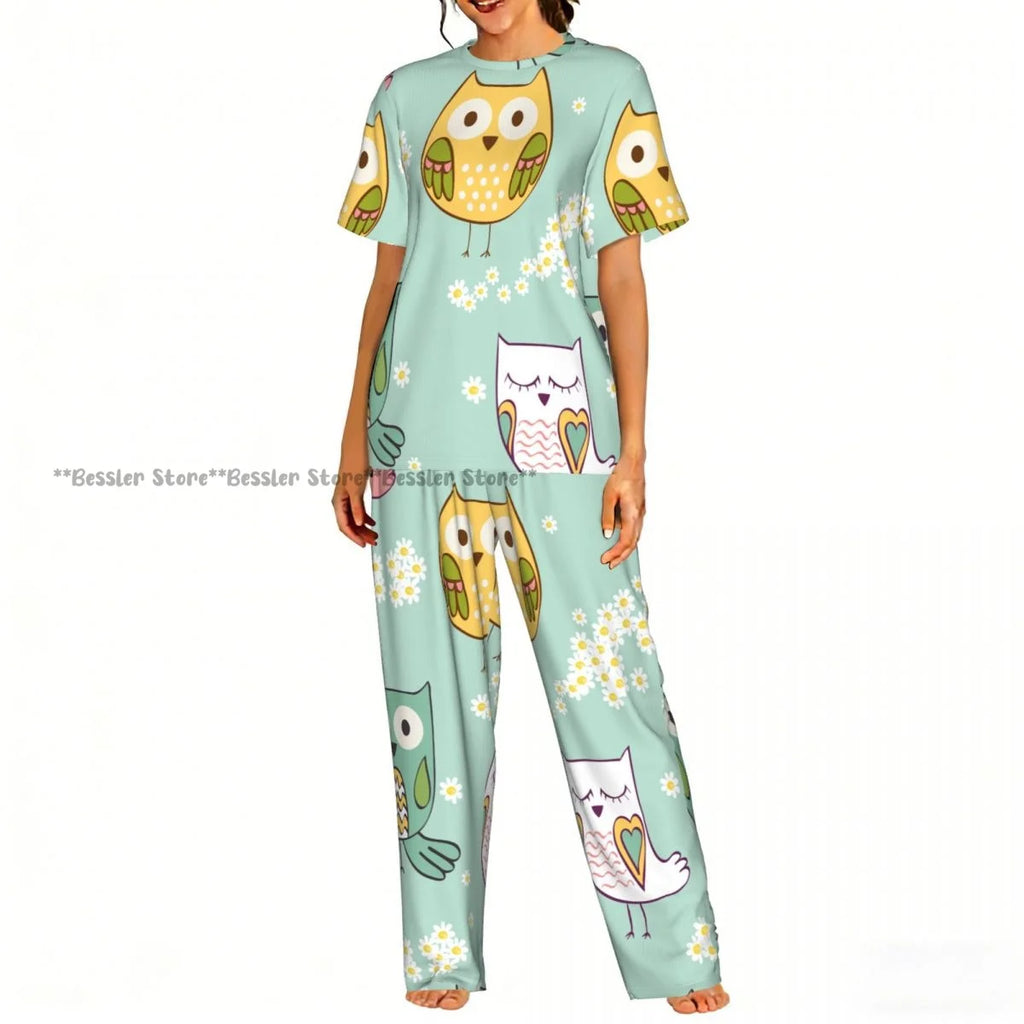 Women's 2-piece set Halloween Owls Bats Pattern Pajamas Short sleeved Top and Pants Sleepwear