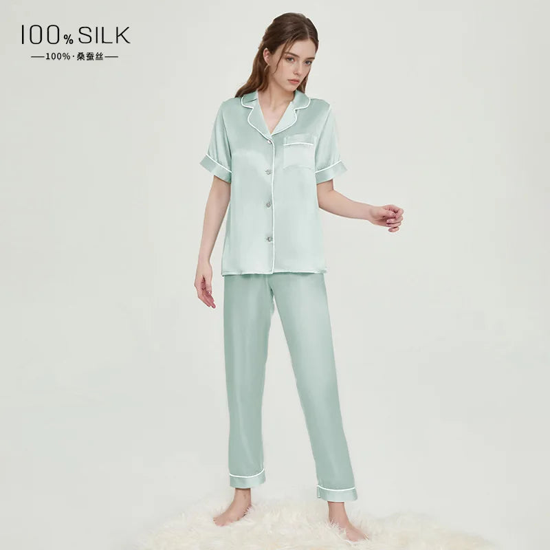 Spring Summer 19 Momme 100% Mulberry Silk Pajama Set Women Short Sleeve Long Pants Luxury Skin-friendly Antibacterial Loungewear