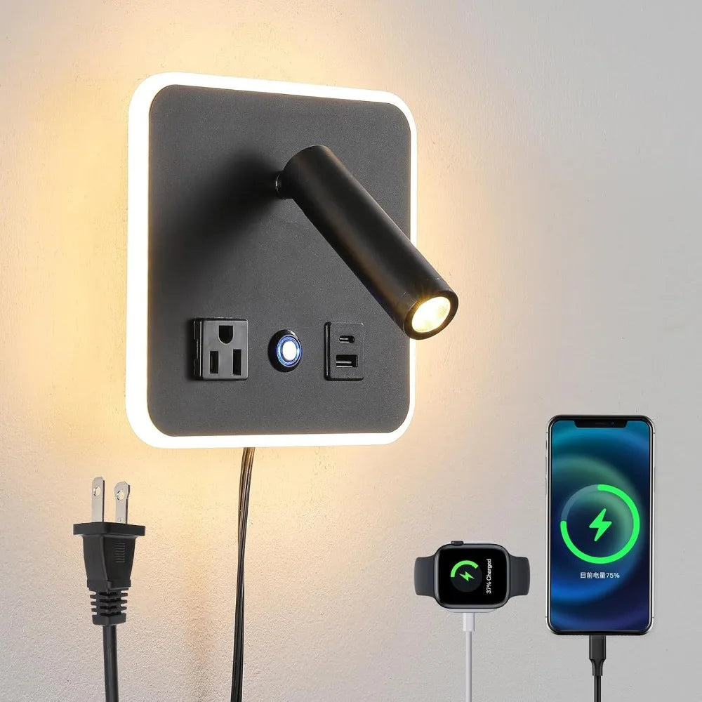 Adjustable Dimmable LED Wall Reading Lamp with Dual USB Ports, 3000K, Black - Ideal for Bedroom and Hotel Use