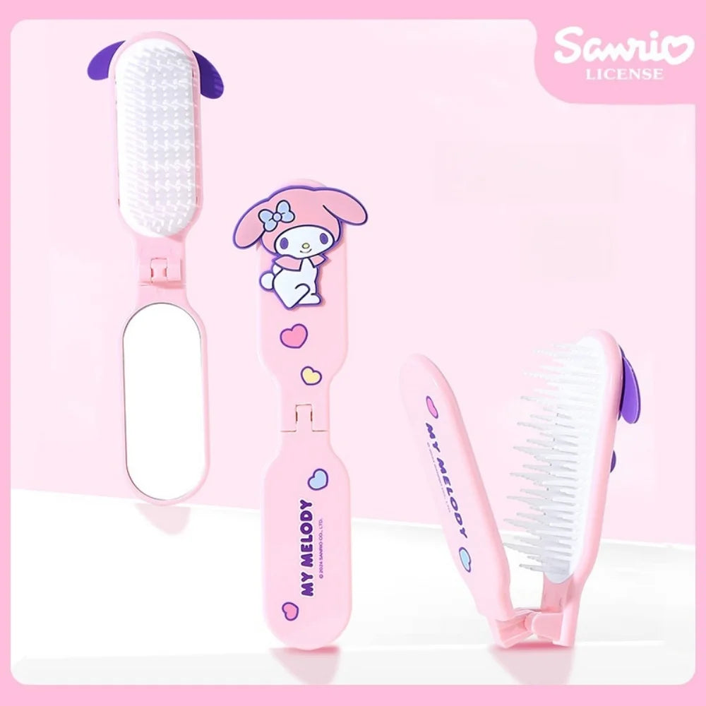 Sanrio Foldable Hair Comb with Mirror Genuine Kawaii Hello Kitty Kuromi My Melody Cinnamoroll Portable Styling Tool for Girls