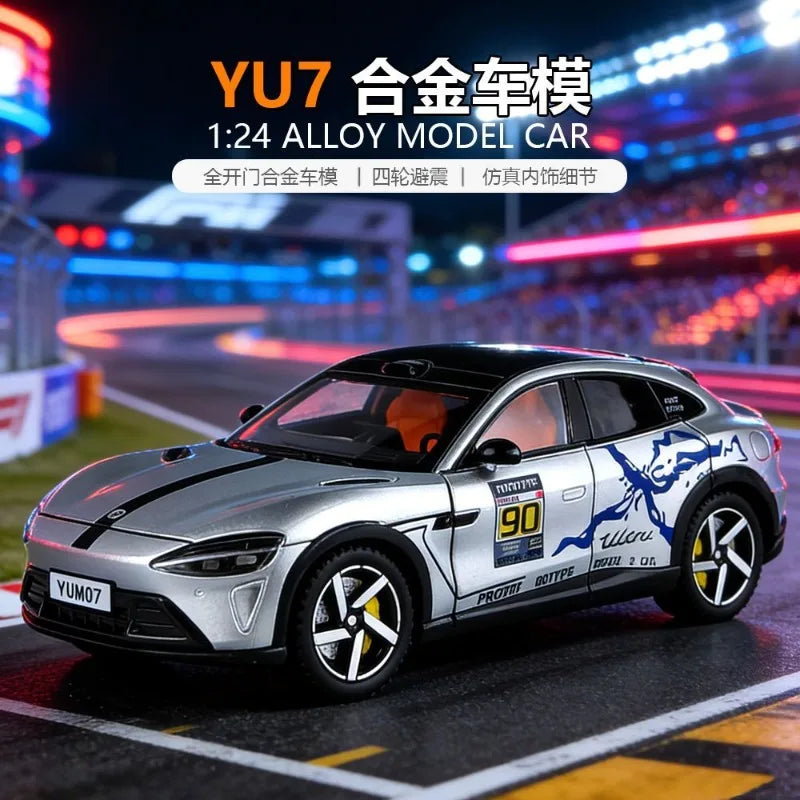 1:24 YU7 Diecast Alloy Electric Car Model with Graffiti Livery Full Open Doors Shock Absorption for Car Collectors Hobby Display