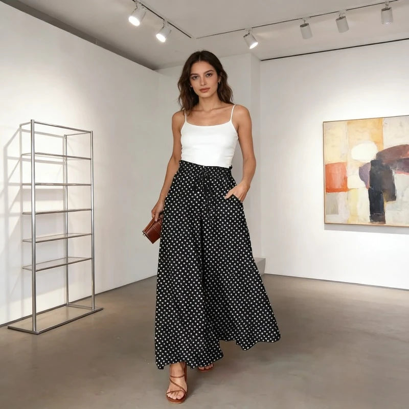1pcs Bohemian Style Wide Leg Pants Elastic Waist Polka Dot Print Long Skirt Pants for Women