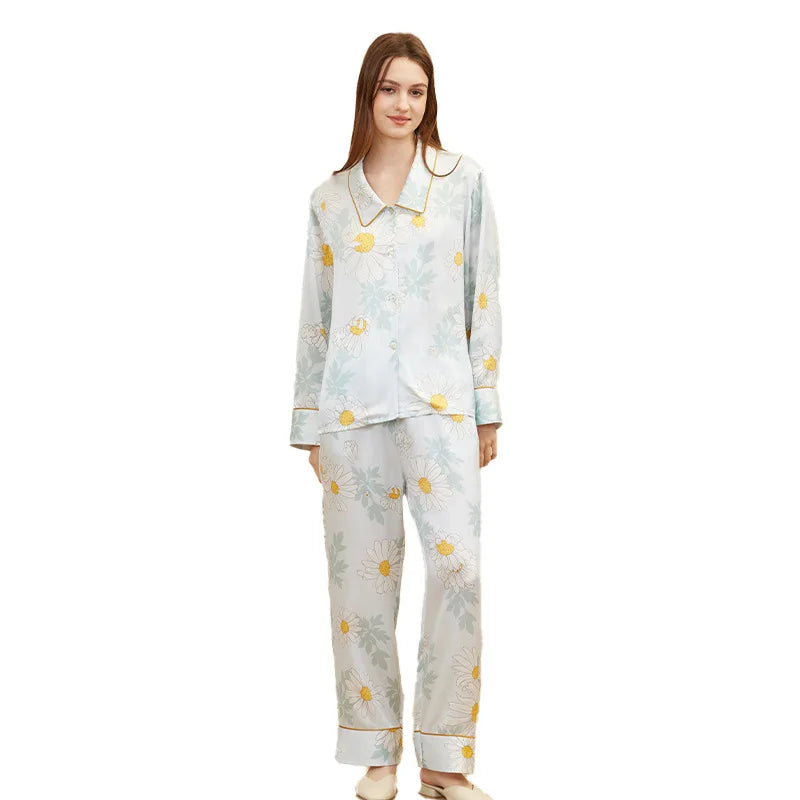 Fashion Daisy Print Pajamas Women Long Sleeve Elegant 100% Mulberry Silk Loungewear High End Home Suit Ladies Sleepwear
