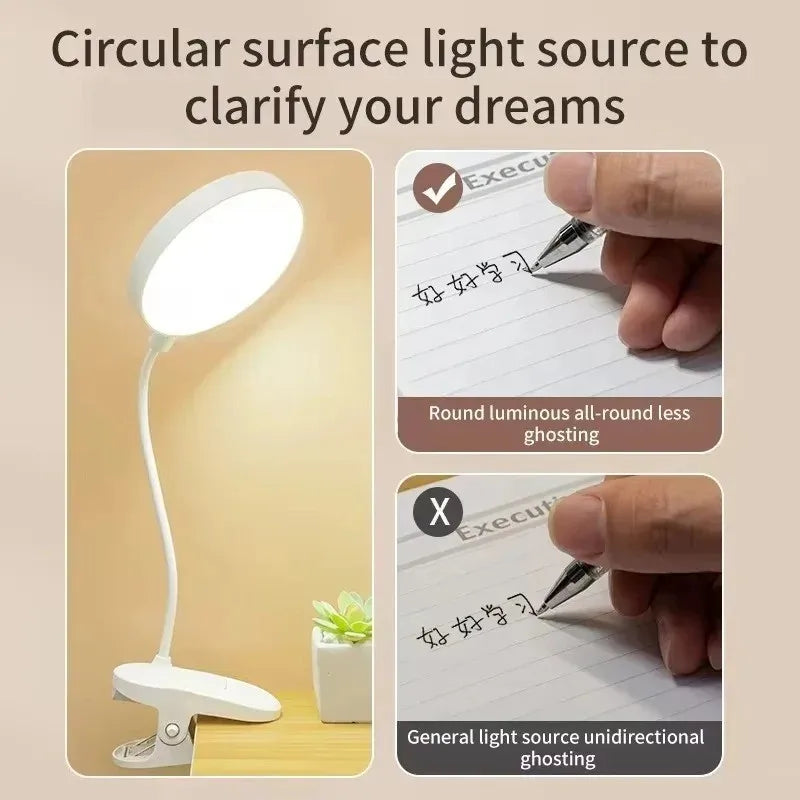 Portable USB Rechargeable Clip On Desk Lamp 3 Color Temperatures Dimmable LED Reading Light for Bedroom Study Office Travel