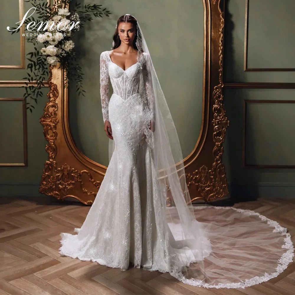Semor Customized Mermaid Lace Wedding Dresses Illusion Long Sleeves Pearls Beaded Bridal Dress with Court Train Saudi Arabia