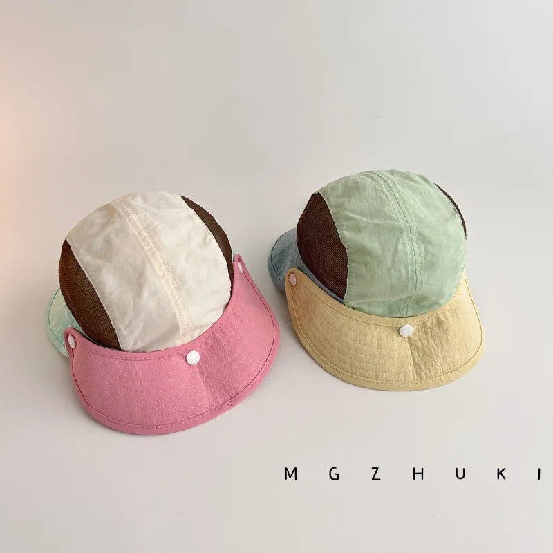 Summer Kids Thin Bucket Hat Quick-Dry UV Protection Sun Hat 1-5Y Boys Girls Cartoon Macaron Color Block Double Brim Outd