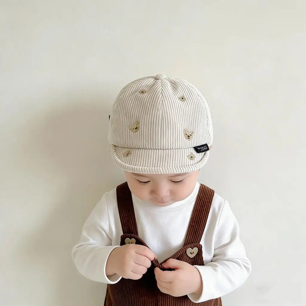 Spring Cotton Corduroy Bear Print Hat Cartoon Cute Baby Baseball Hat Solid Color Duck Tongue Cap Boys Girls Toddler Kids Hat