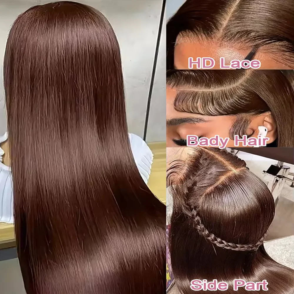 Chocolate Brown 13X6 Straight Human Hair Wigs 13X4 Hd Lace Frontal Wig 220 Density Colored Pre Plucked Brazilian Lace Front Wig