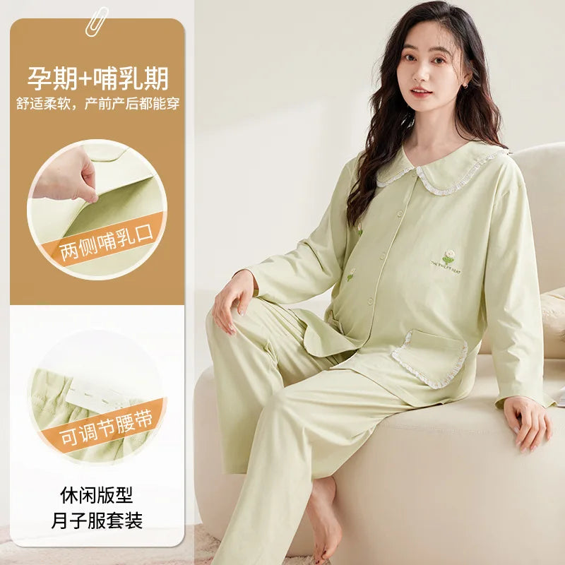 Maternity Women Pajamas Set Pregnant Pure Cotton Breastfeeding Loungewear Sweet Long Sleeve Trousers Cardigan 2 Piece Set Pjs