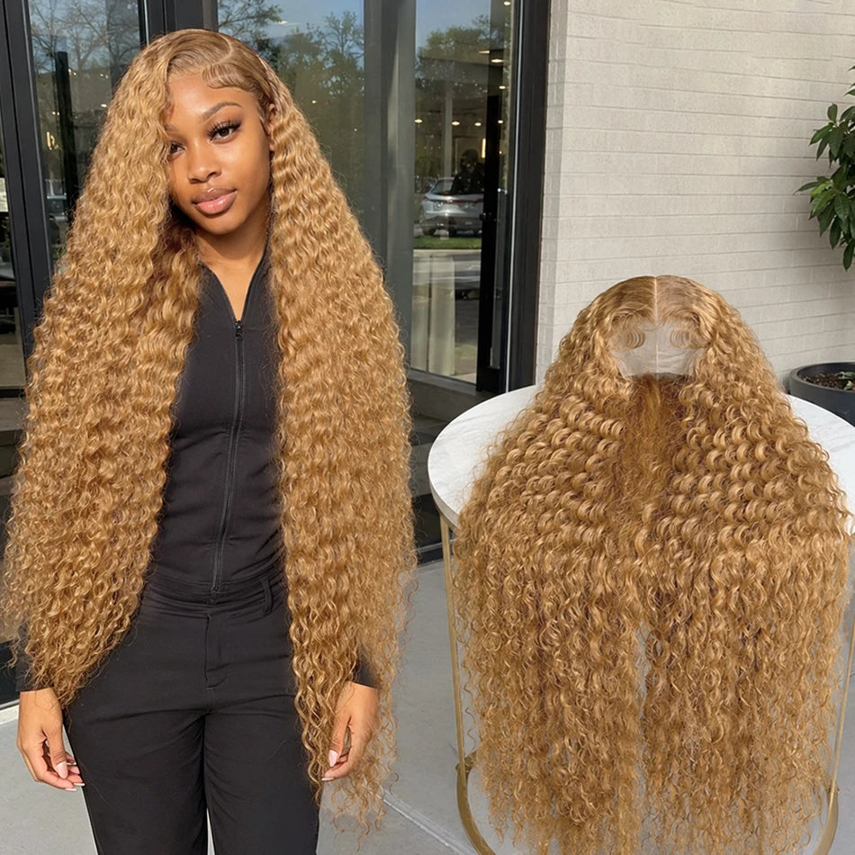34 38Inch Honey Blonde Wig Human Hair Deep Wave 13x6 Hd Lace Frontal Wig 230 Density Preplucked #27 Colored Curly Lace Front Wig