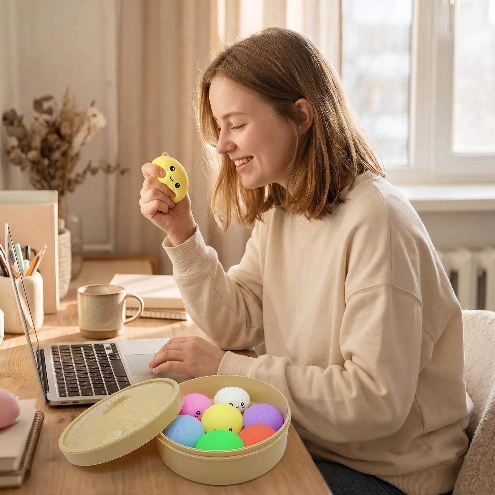 7PC Mini Dumplings with Steamer un Squeezable Toys Set Fidget Sensory Squeeze Ball Simulation Food Bun Kawaii Cute Soft Gift