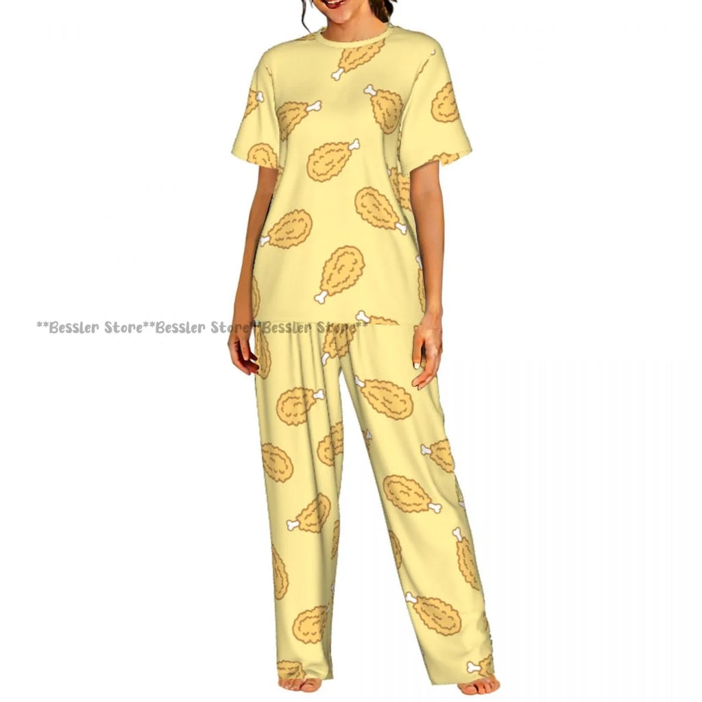 Women's 2-piece set Cartoon Chicken Pattern Pajamas Short sleeved Top and Pants Sleepwear