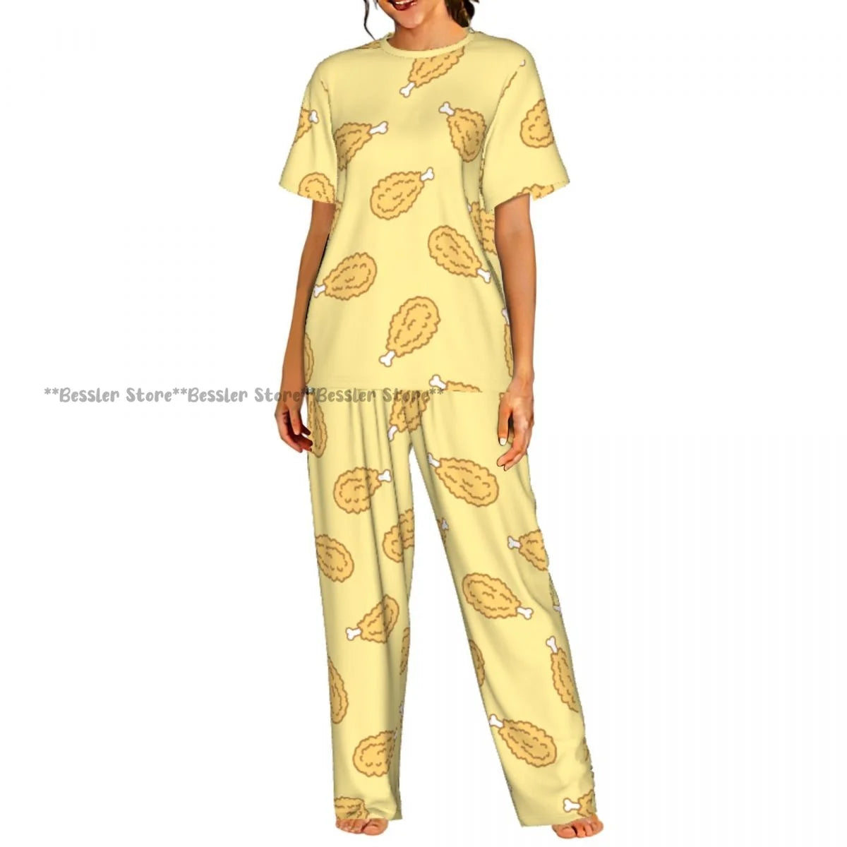 Women's 2-piece set Cartoon Chicken Pattern Pajamas Short sleeved Top and Pants Sleepwear