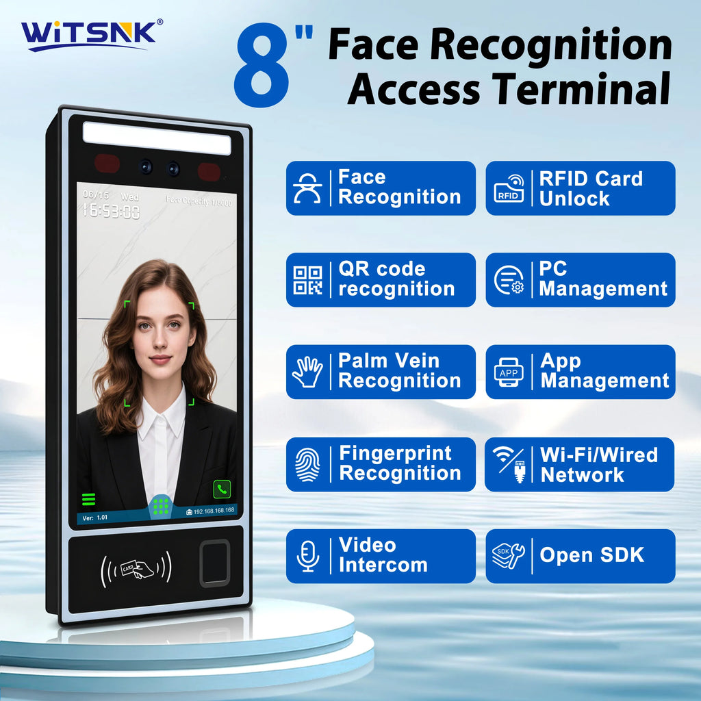 8" Multi-Biometric Access Control & Attendance Terminal - Face Fingerprint Palm Vein, WiFi 4G TCP/IP