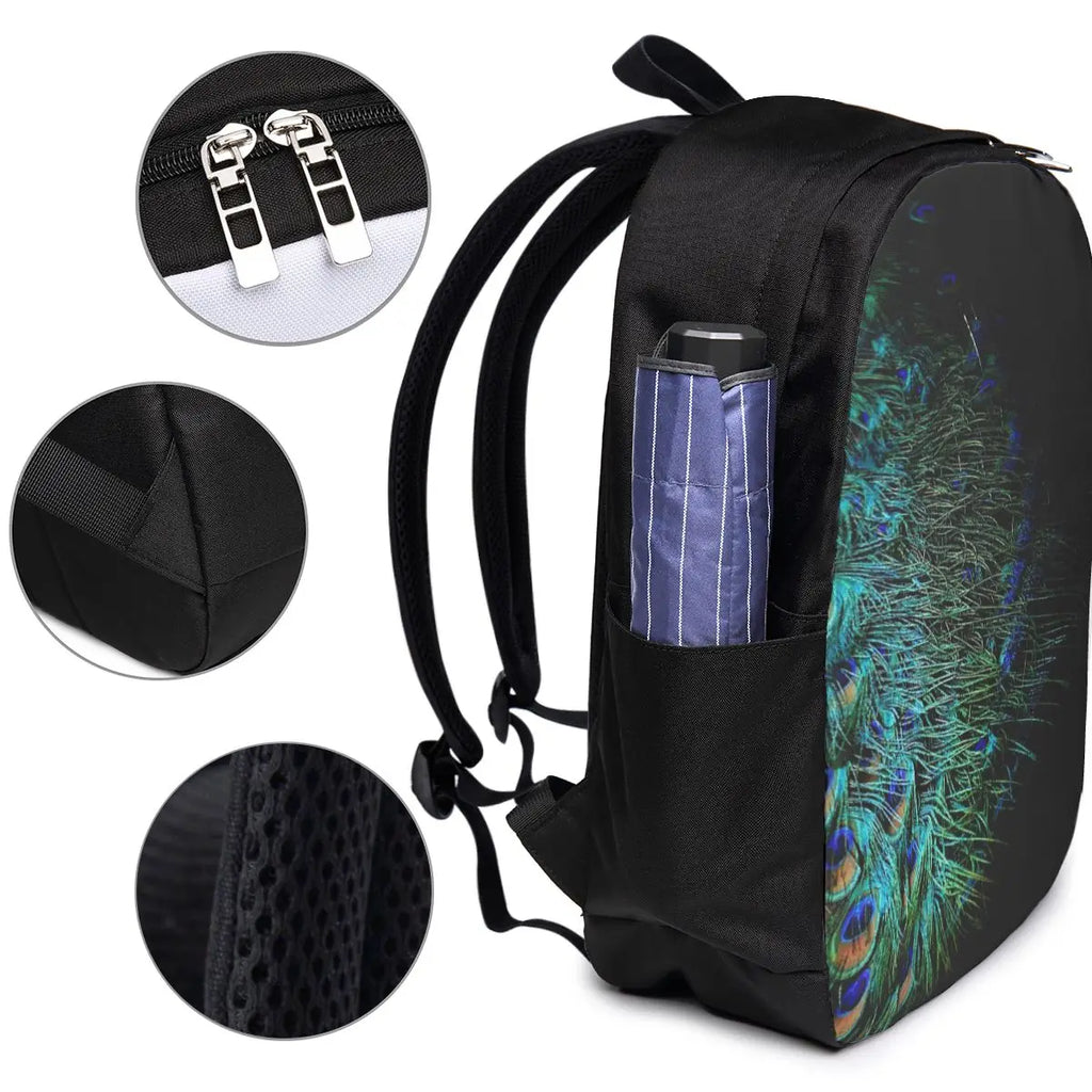 Peacock Feathers On A Black Background Backpack Travel Notebook Bag Computer College Student School Bag Laptop Shoulder Bags