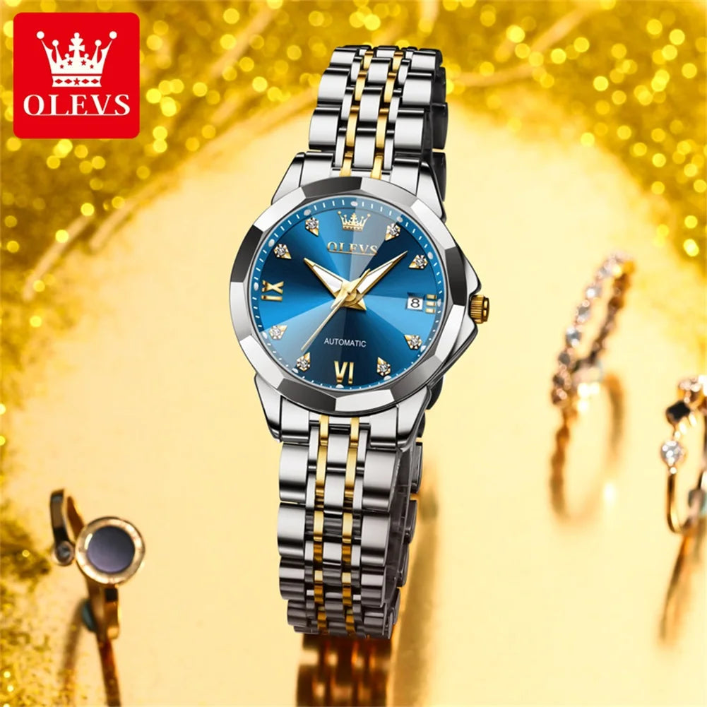 OLEVS Women's Watches Trend Elegant Sparkling Shining Diamond Scale Original Automatic Mechanical Wristwatch for Lady Waterproof