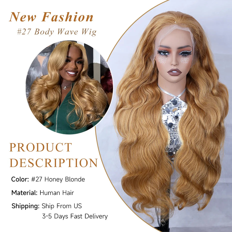 38 40 inch #27 Honey Blonde Color Human Hair Wigs For Women Golden blonde 13x6 Transparent Lace Front Wig Preplucked 220 Density