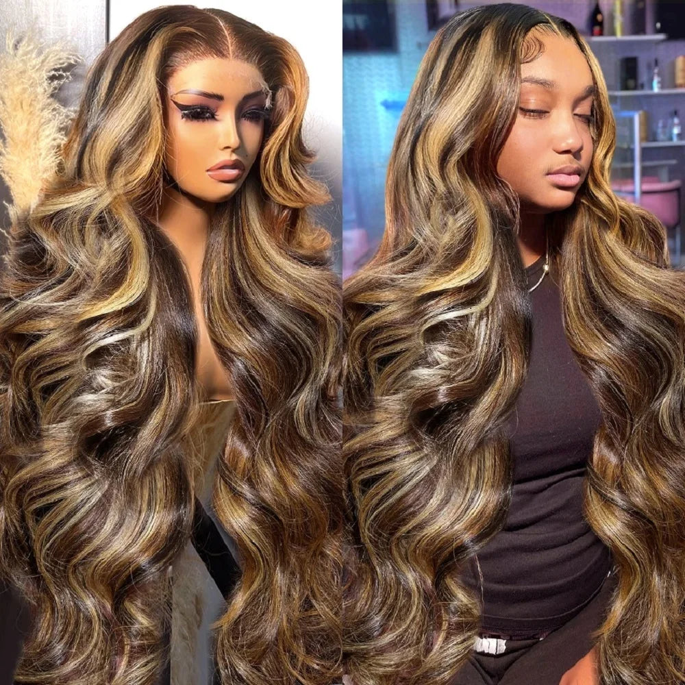 P4/27 Highlight Colored 200 Density Body Wave Human Hair Wigs For Women 13x4 13x6 HD Transparent Full Lace Frontal Wigs 46 Inch