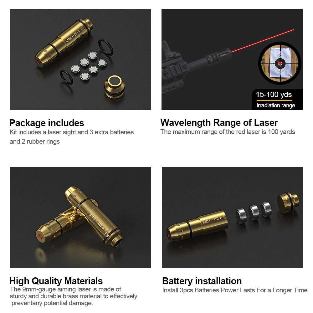 9mm Long (Pointed) Red Laser Training Cartridge Brass Dry Fire Trainer for Shooting Skill Improvement.