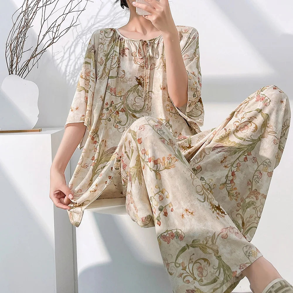 Hot 2026 Spring Summer New Women Cool Comfort Sleepwear Set Fashion Printed Loose Wide Leg Pants Large Home Clothes Two Pieceset