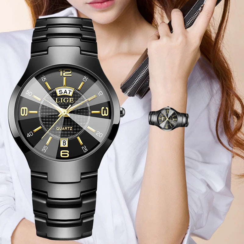 LIGE Fashion Elegant Women's Wristwatch Luxury Ceramics Strap Auto Date Week Waterproof Small Dial Quartz Watches for Woman Gift