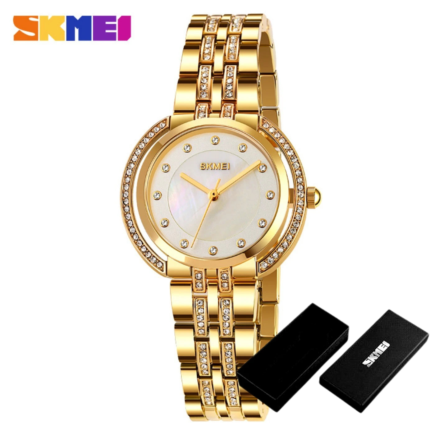 Womens Bracelet Quartz Watches Luxury Rhinestone Dial Zinc Alloy Band Analog Display 3 Bar Waterproof Fashion Wristwatch