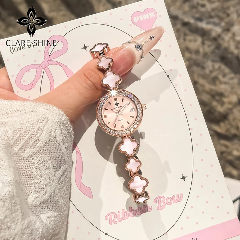 CLARE SHINE 7701 Lucky series small lucky four-leaf clover quartz women's watch with diamond bezel imported movement