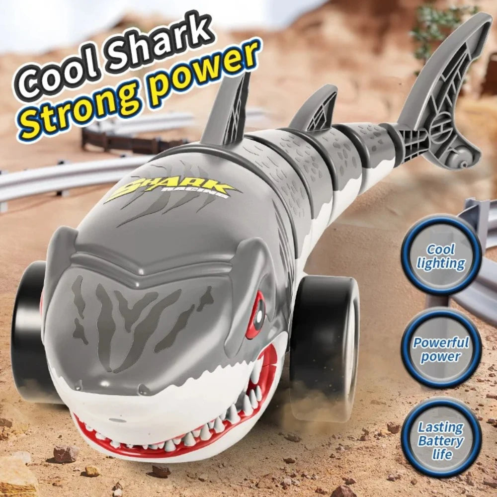 2.4G RC Shark Car Toy Rechargeable Electric Shark Remote Control Vehicle with LED Lights 4 Way Driving Birthday Gift