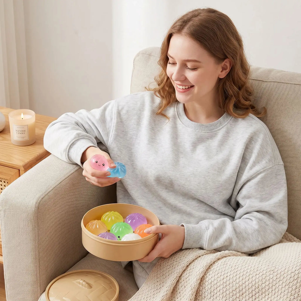 7PC Mini Dumplings with Steamer un Squeezable Toys Set Fidget Sensory Squeeze Ball Simulation Food Bun Kawaii Cute Soft Gift