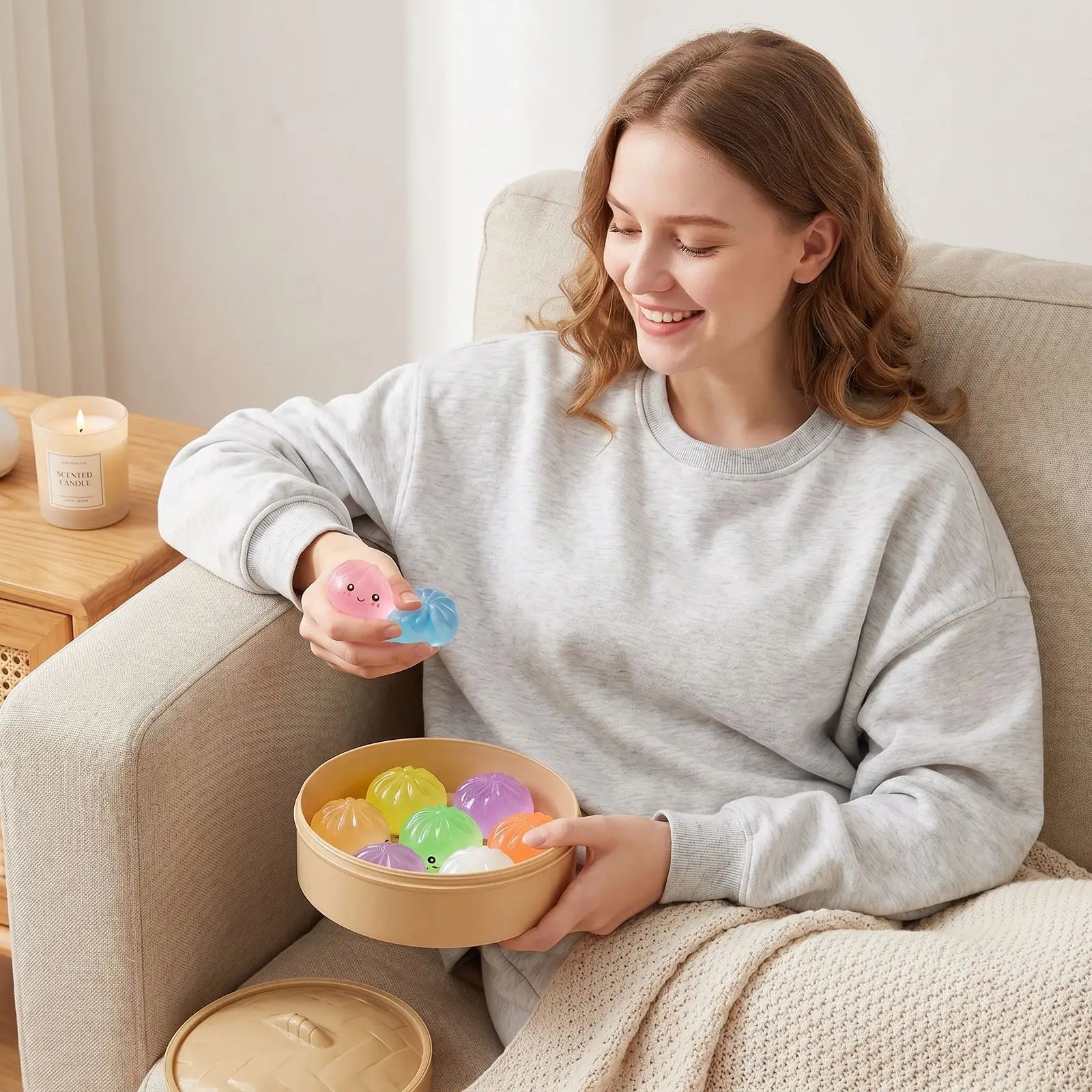 7PC Mini Dumplings with Steamer un Squeezable Toys Set Fidget Sensory Squeeze Ball Simulation Food Bun Kawaii Cute Soft Gift