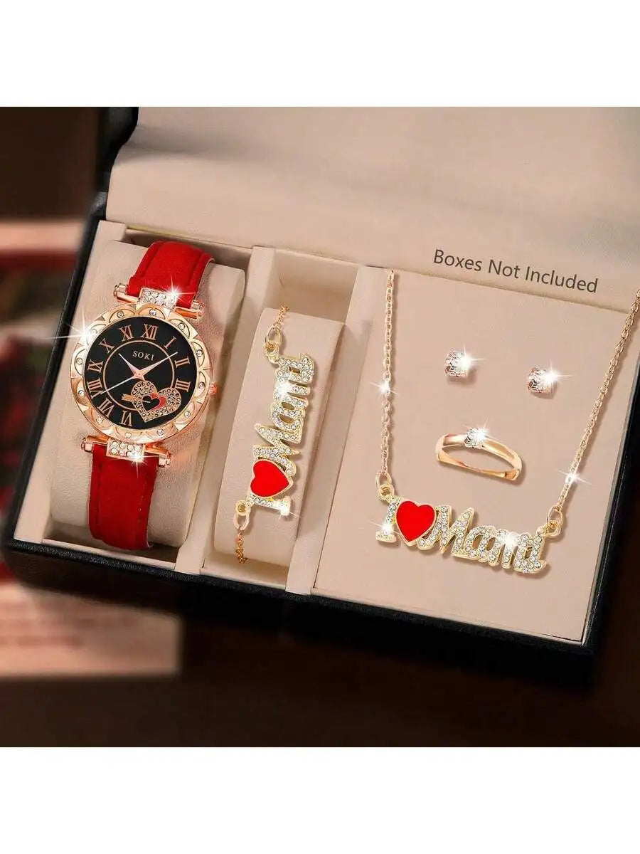 Mother's Day Ladies Watch 6pcs Ladies Fashionable Casual Quartz Watch And Minimalist & Fashionable Five Petals Flower Necklace