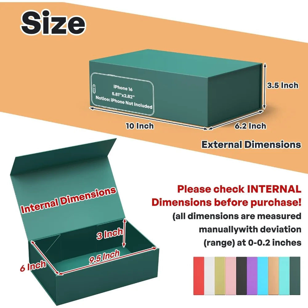 Green Gift Box with Magnetic Closure Collapsible Rectangle Present Box for Bridesmaid Proposal Wedding Christmas Halloween Birthday Gift Packaging 9.5x6x3 Inches