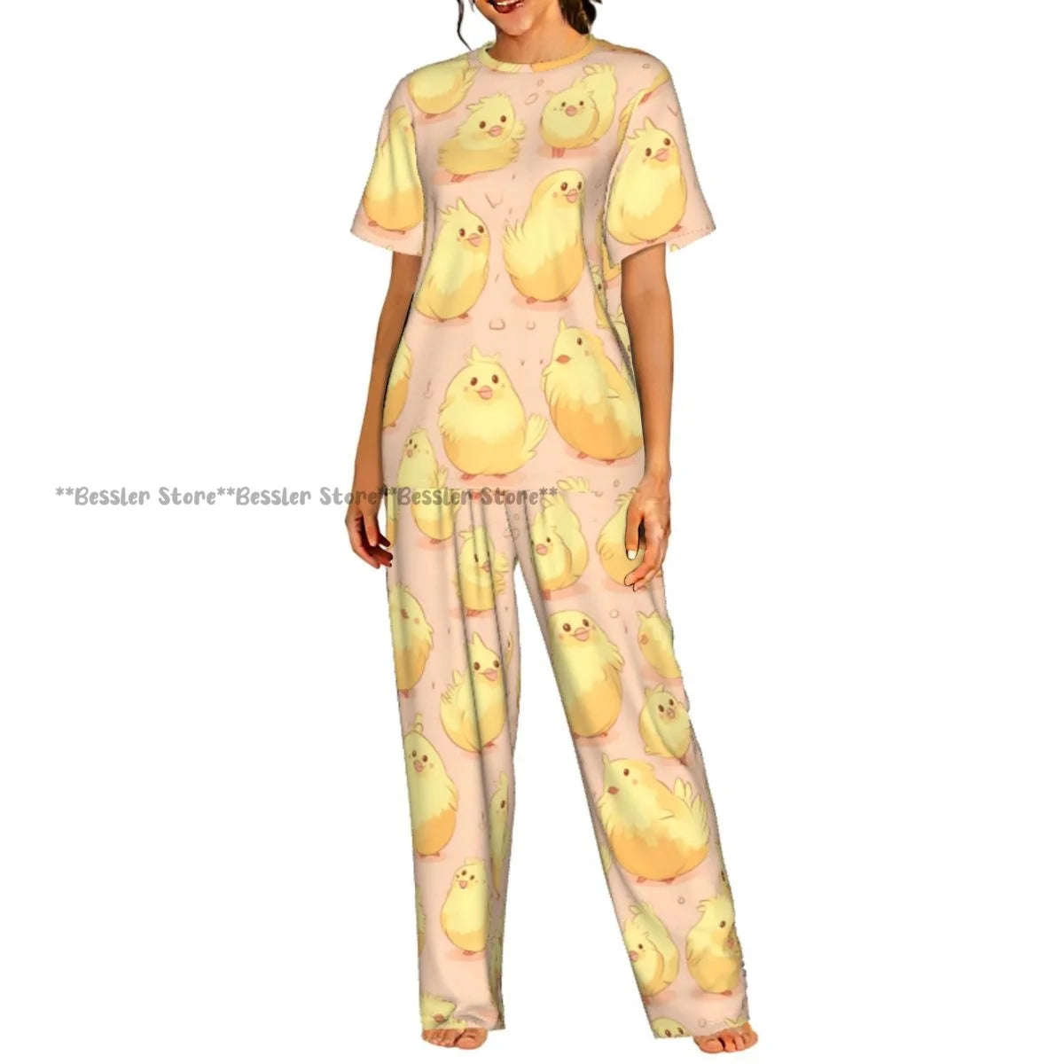 Women Pajama Sets Lounge Sleepwear Crispy Fried Chicken Pattern Short Sleeve Nightwear