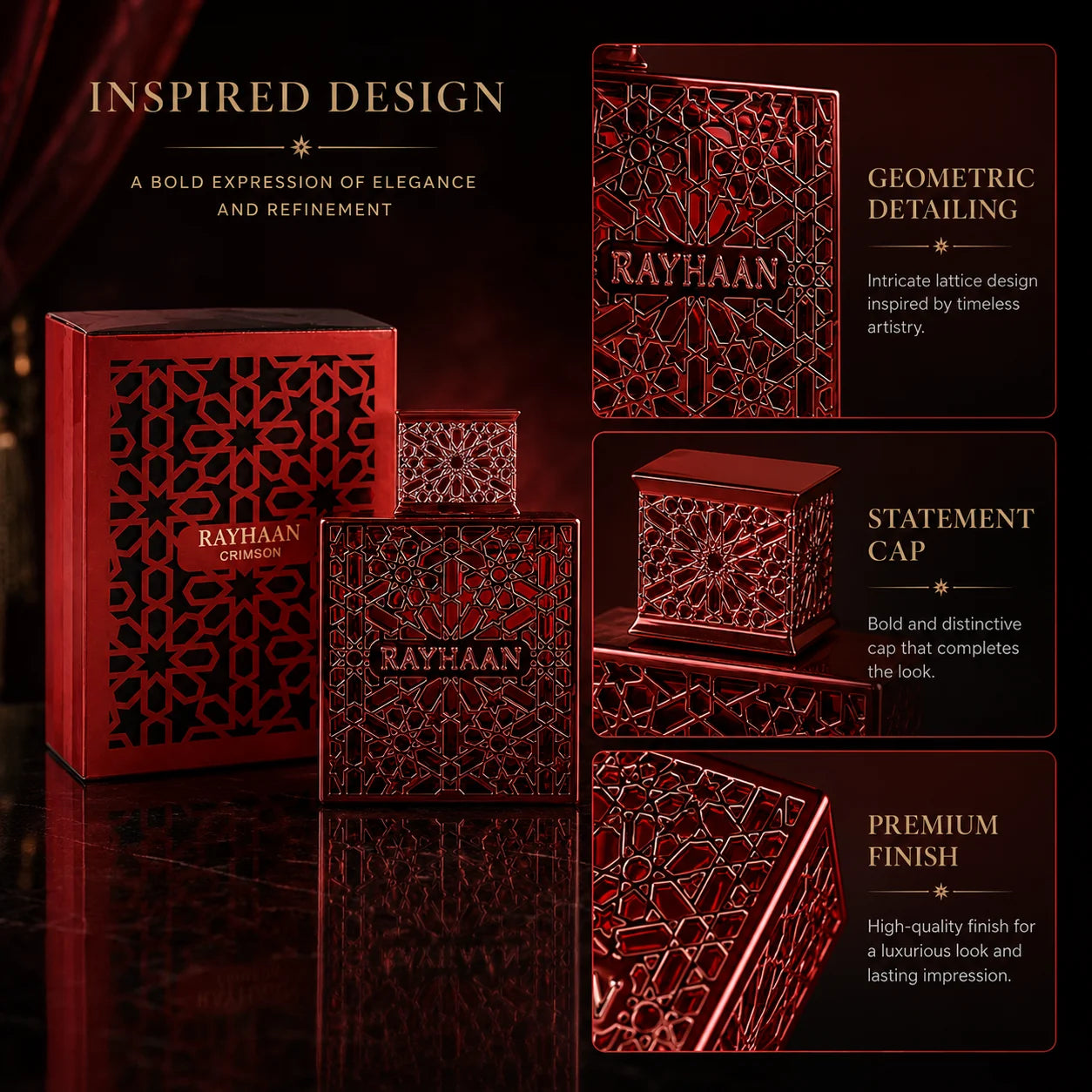 Rayhaan Crimson Red Hollow Carved Geometric Metal Bottle Men Perfume Luxury Arabian Oriental Eau De Toilette Long Lasting Fragrance Mens Cologne Gift Set For Male